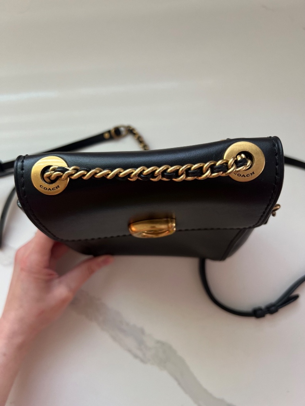 Coach Black Parker Leather Backpack Crossbody Bag Gold Chain Strap - Picture 7 of 12